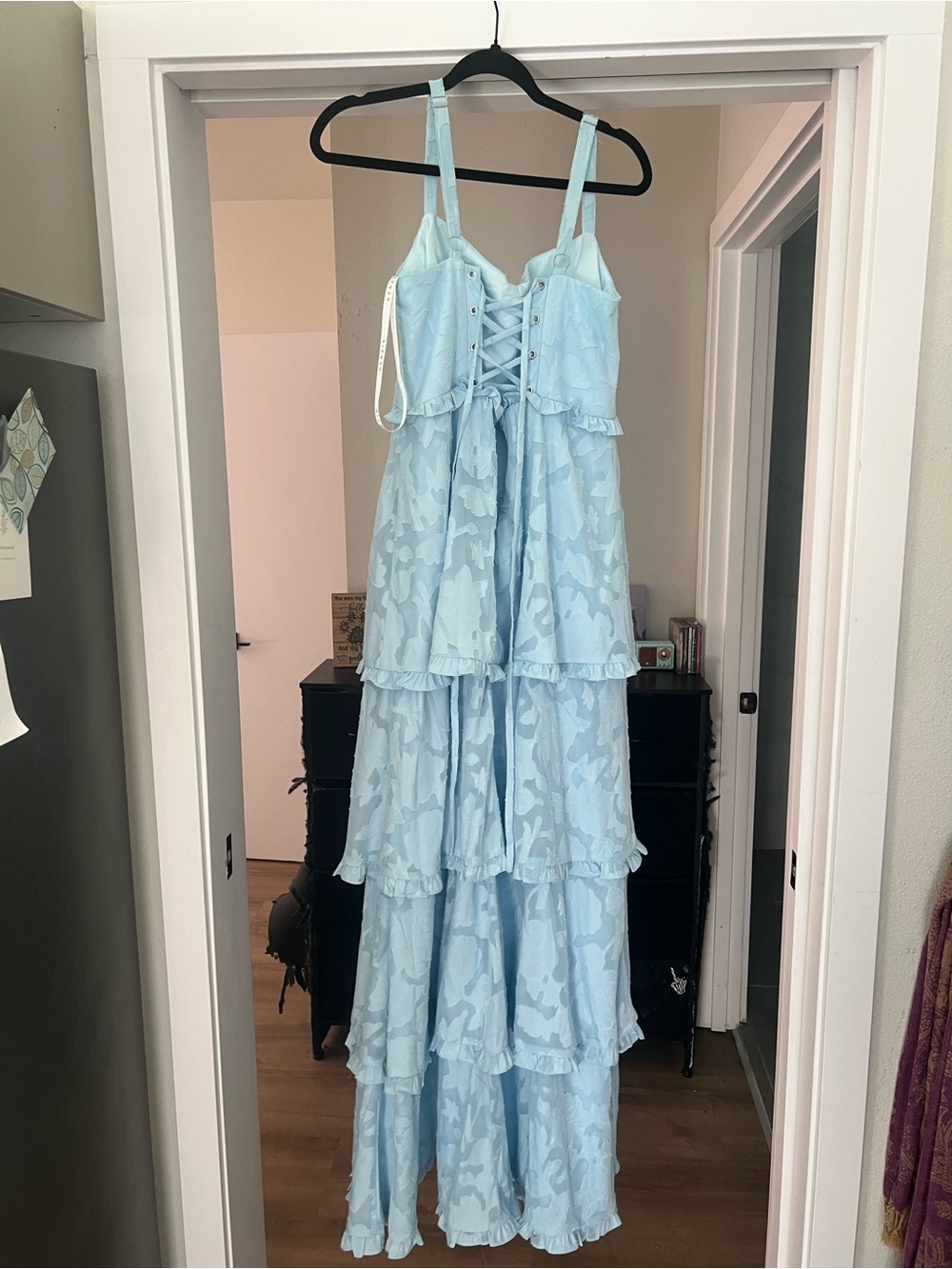Azazie Sky Blue Tiered Floral Burnout Corset Dress